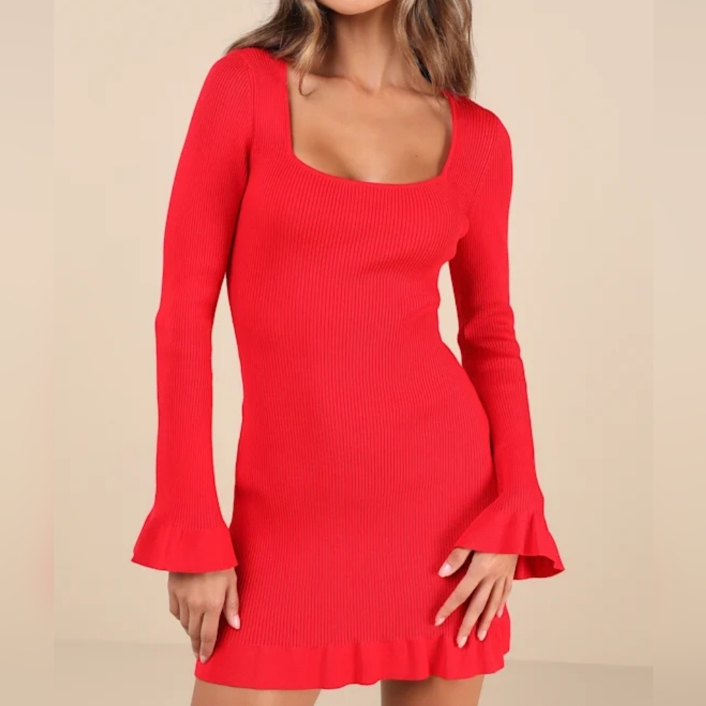 Lulus Cozy Outlook Red Long Sleeve Sweater Mini Dress sz Medium - Picture 2 of 6